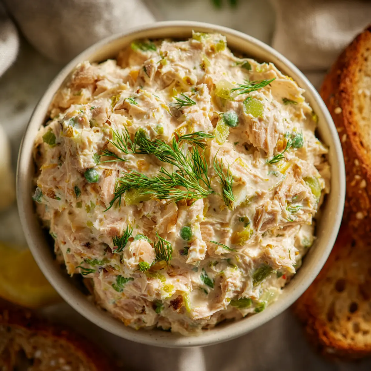 Spicy tuna dip garnished with red pepper flakes and green herbs served with tortilla chips