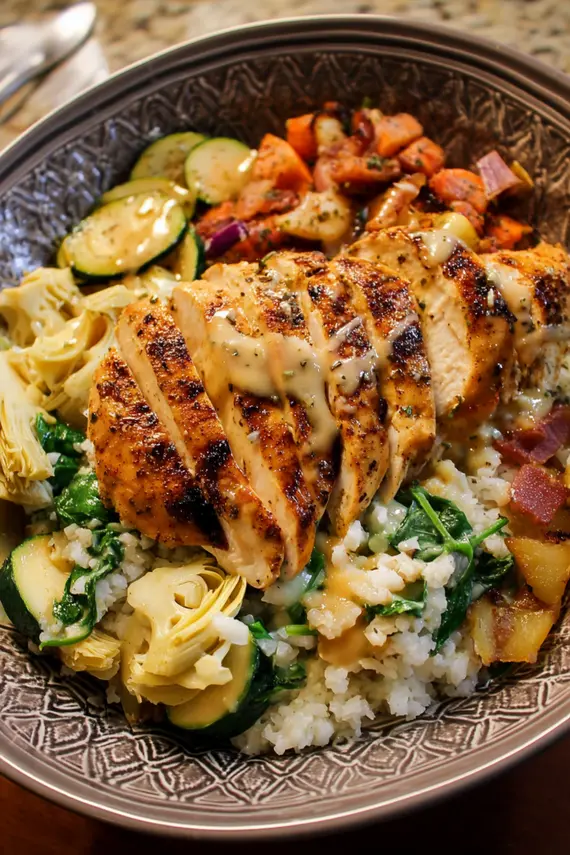 Beautifully plated honey mustard chicken spinach artichoke rice bowl showing the vibrant colors and textures