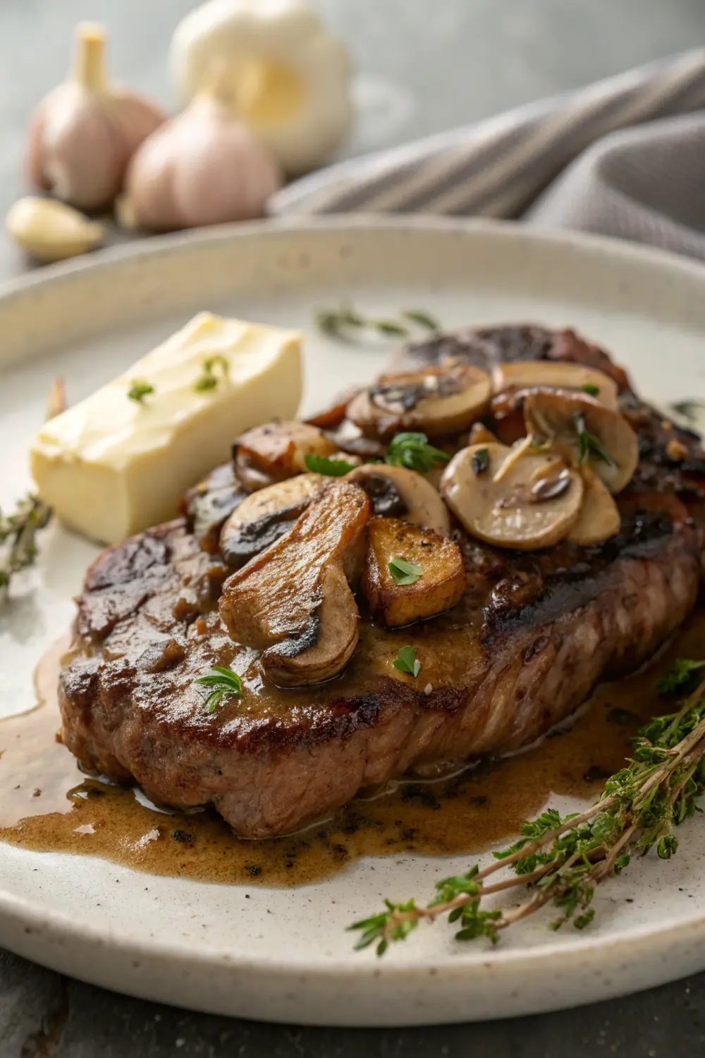 Ribeye steak with mushroom sauce served with sides on a plate
