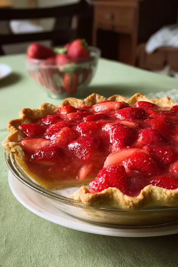 Strawberry pie with golden crust and vibrant filling