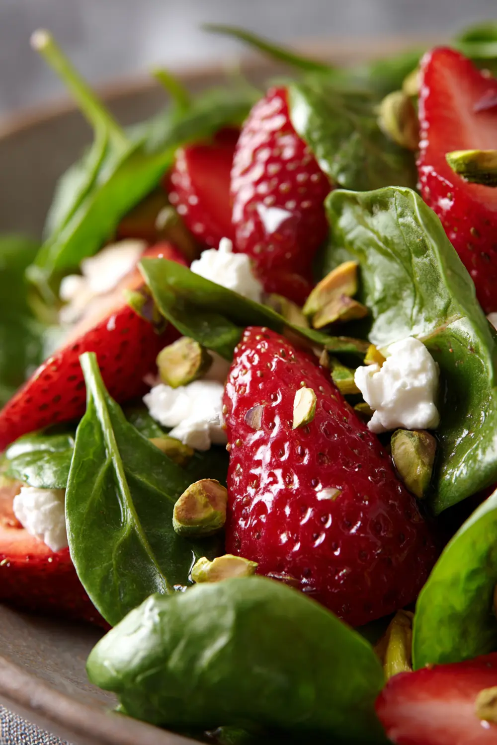 Freshly prepared strawberry spinach salad with goat cheese and pistachios in a white bowl
