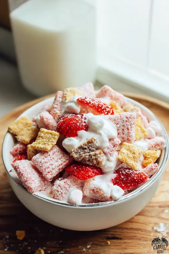 Delicious Strawberry Shortcake Muddy Buddies in a decorative bowl