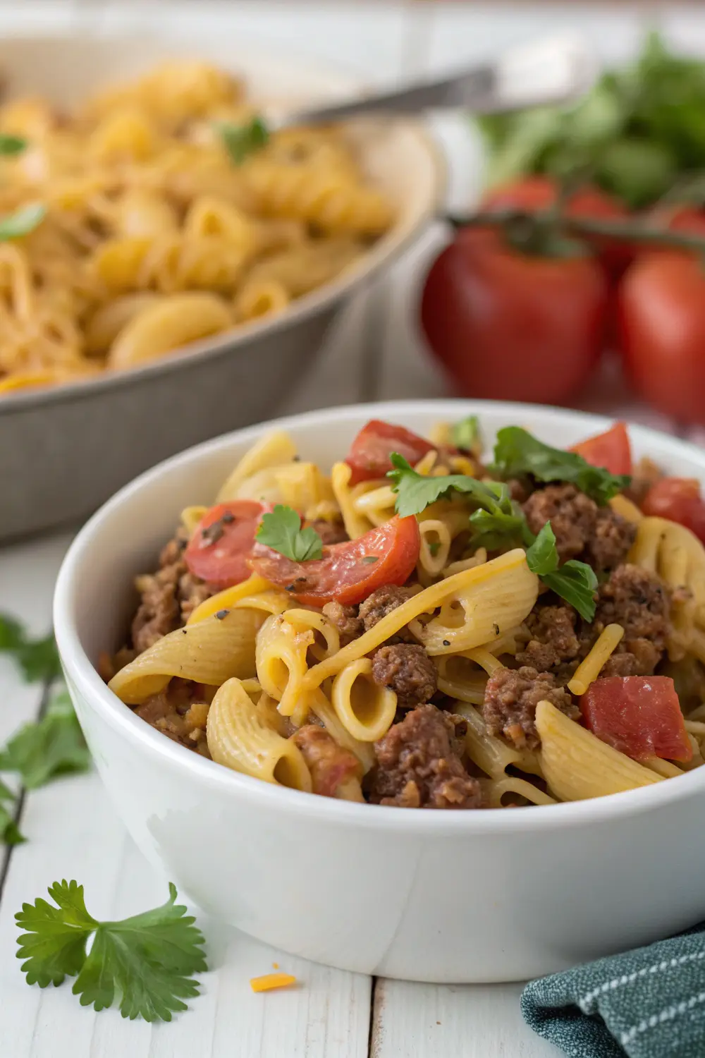Taco pasta bake with melted cheese topping in a casserole dish