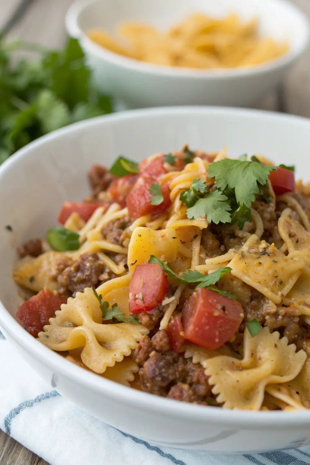 Taco pasta with delicious sauce being stirred in a large skillet