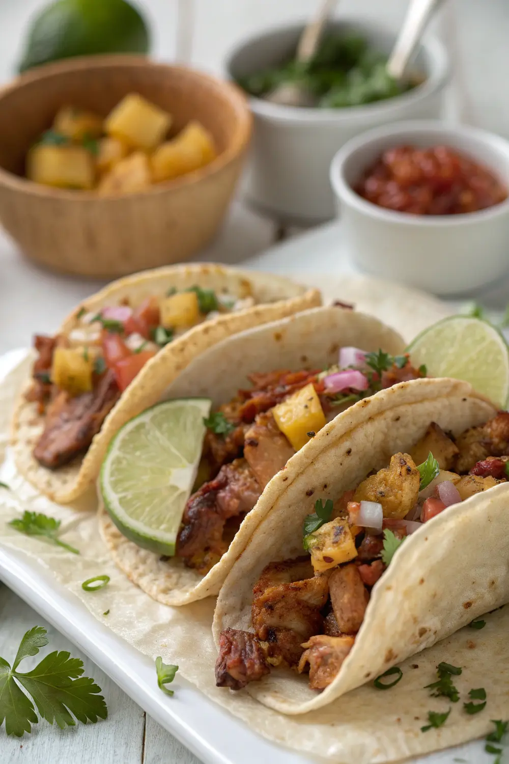 Assembled tacos al pastor with pineapple and fresh toppings