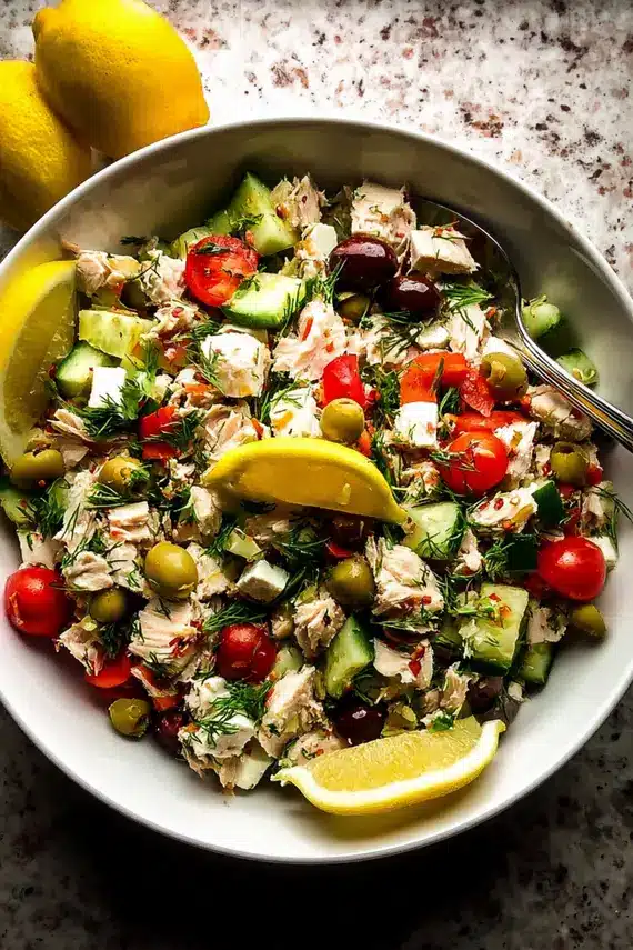 Mediterranean tuna and feta salad served with lemon wedges and olives on the side