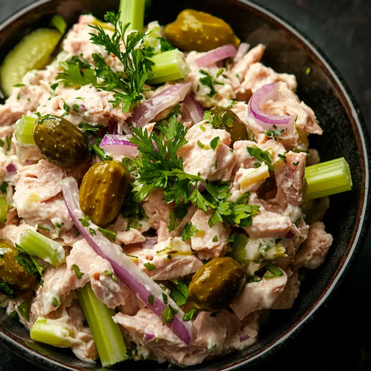 Loaded tuna salad recipe in a white bowl garnished with fresh herbs and crackers on the side