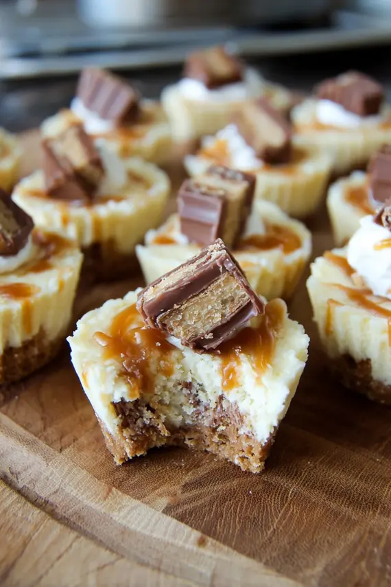 Close-up of mini Twix caramel cheesecakes with decorative toppings