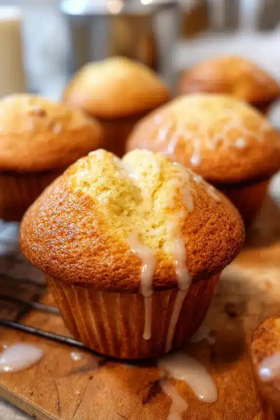 Freshly baked vanilla muffins with golden tops and visible vanilla bean specks