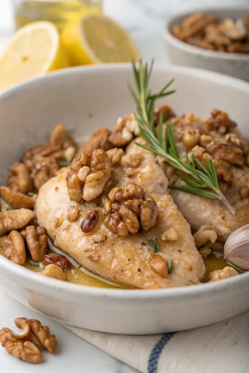 Freshly baked walnut crusted chicken breast sliced to show juicy interior with golden brown nutty coating