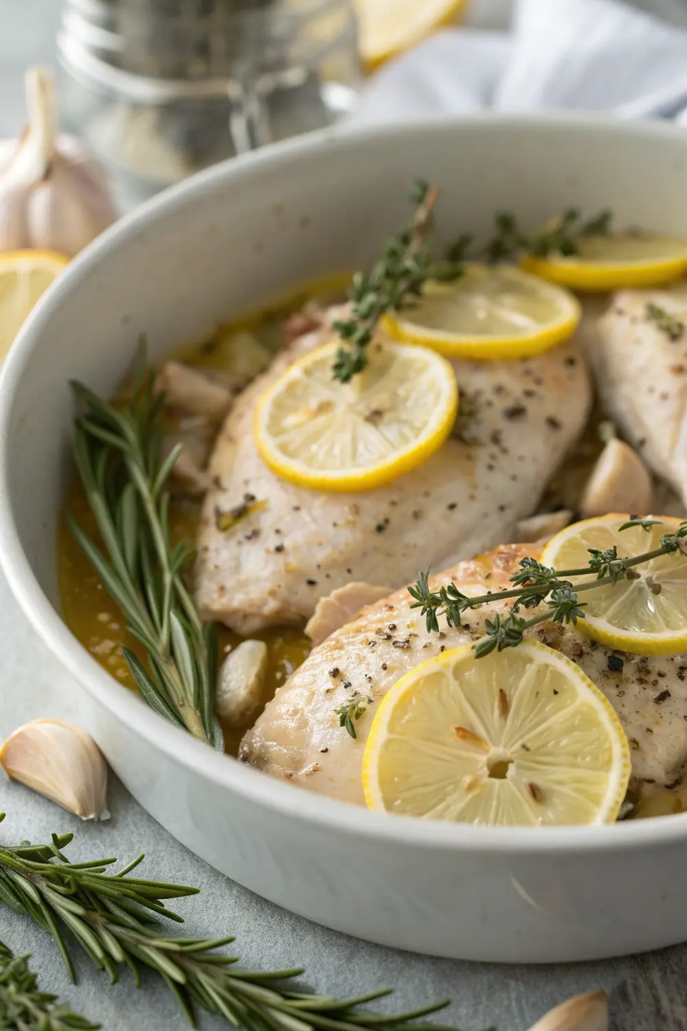 Lemon garlic herb chicken served with roasted vegetables and fresh herbs on a plate