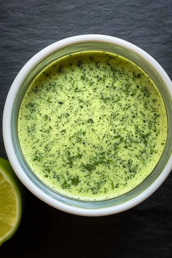 Cilantro lime sauce being drizzled over a colorful salad