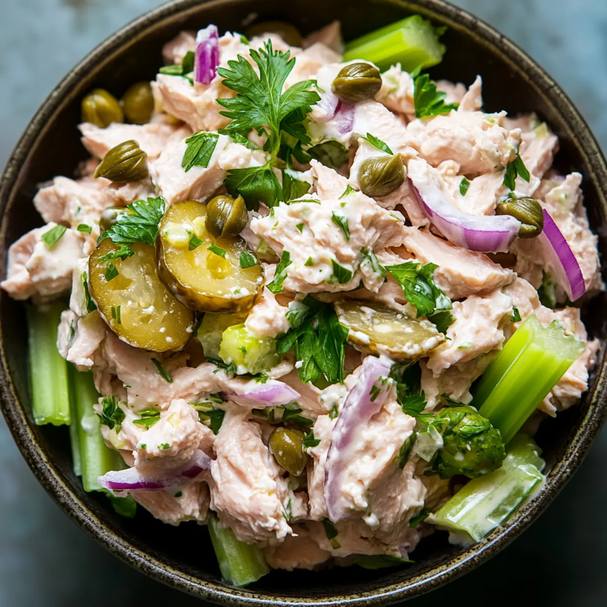 Zesty loaded tuna salad served in lettuce cups with colorful vegetables and lemon wedges