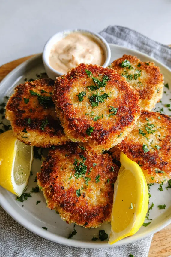 Golden crispy air fryer fish cakes with lemon wedges and herbs