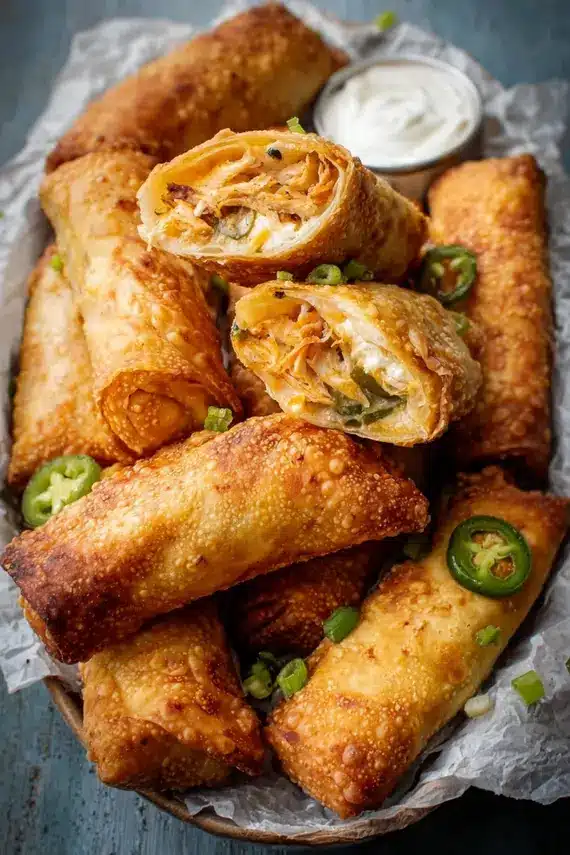 Crispy golden air fryer chicken jalapeño egg rolls stacked on a serving plate
