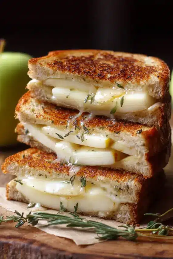 Perfectly grilled Apple Brie Grilled Cheese sandwich with melted cheese and crisp apple slices