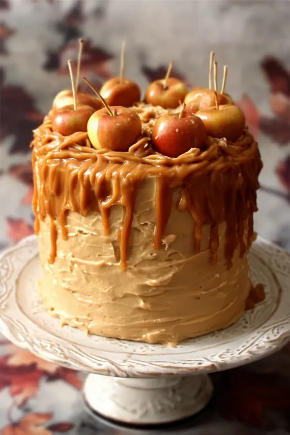 Freshly baked apple cake with caramel frosting showing moist texture and apple chunks