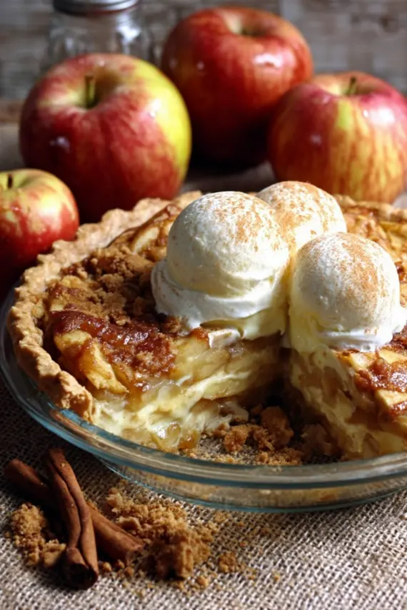 Freshly baked apple cream pie with golden crust and creamy topping
