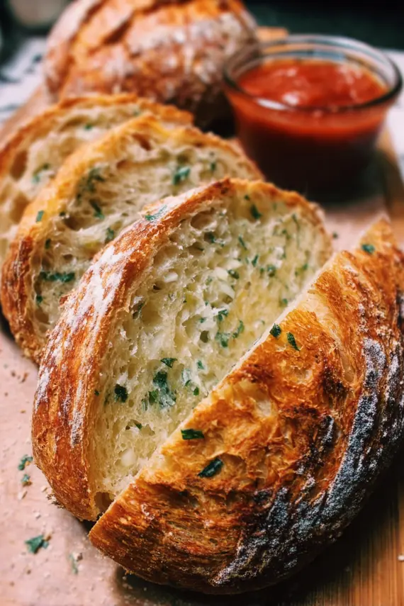 Freshly baked artisan garlic sourdough bread with crispy crust