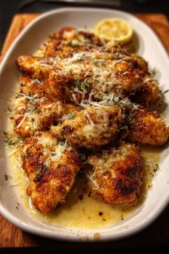 Close-up of melted Asiago cheese on baked chicken with herbs