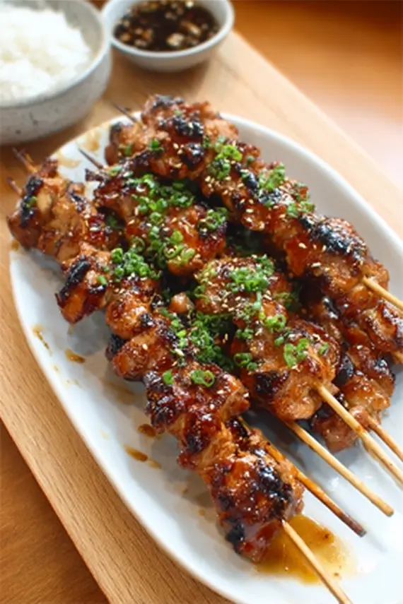 Asian chicken skewers beautifully plated with colorful vegetables