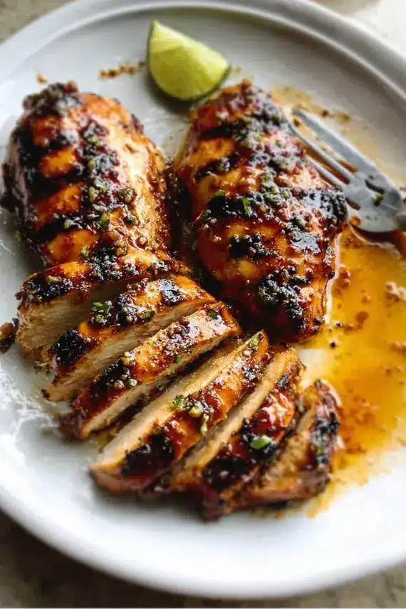 Asian ginger marinade grilled chicken served in a colorful bowl with vegetables, rice, and garnishes