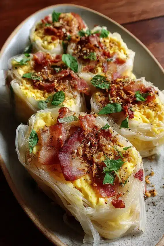 Bacon egg cheddar rice paper rolls arranged on a serving platter with fresh herbs