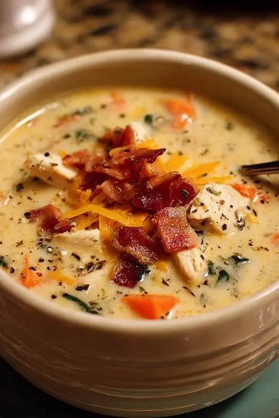 A bowl of Creamy Chicken Bacon Ranch Soup with a side of crusty bread for dipping