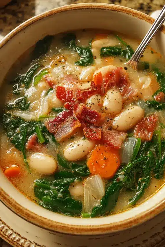 White Bean Bacon Spinach Soup in a rustic bowl with bread on the side