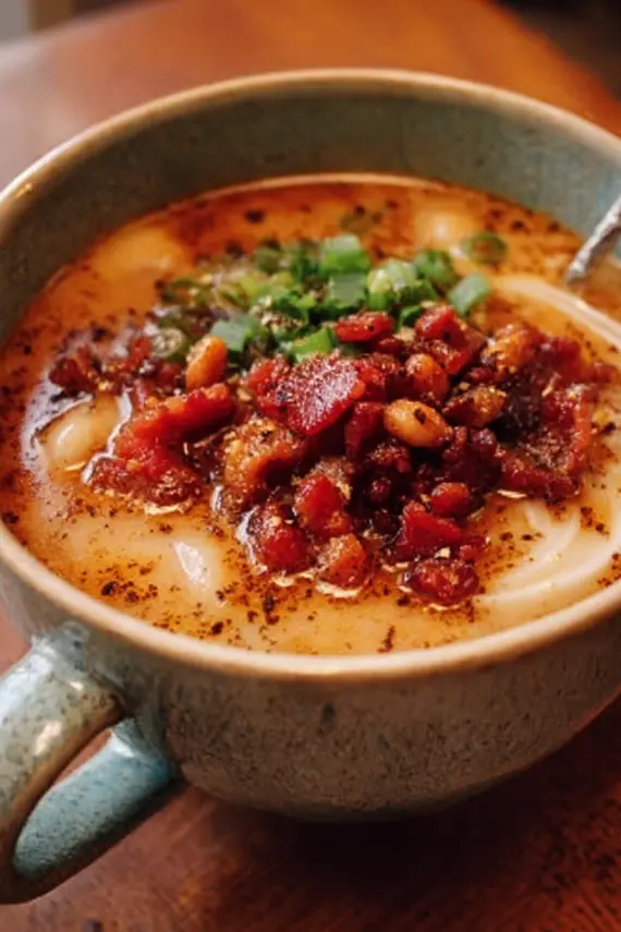 White bean bacon soup with crusty bread and fresh herbs on a rustic wooden table