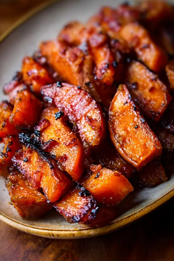 Maple bacon sweet potatoes roasted to perfection with crispy bacon bits and maple glaze