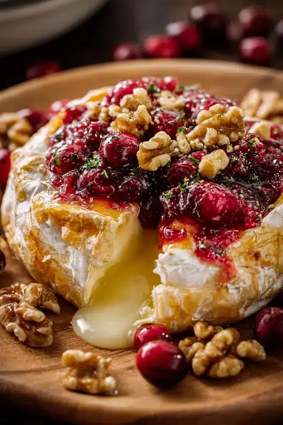 Cranberry Orange Baked Brie served with crackers on a wooden board