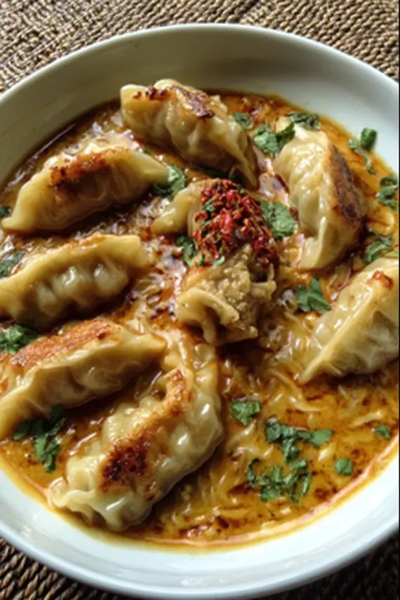 Baked potstickers arranged on a serving plate with Thai curry sauce and garnishes