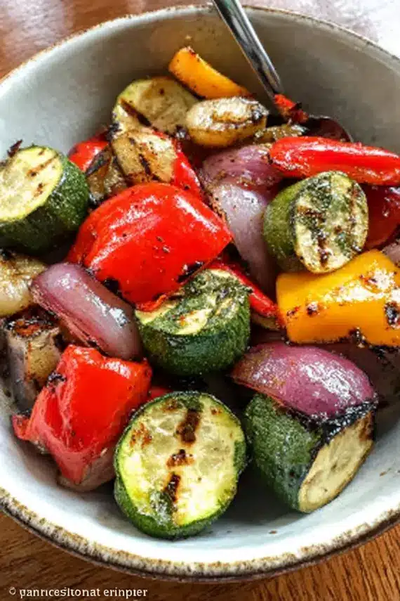 Drizzling balsamic glaze over perfectly grilled vegetables with visible char marks