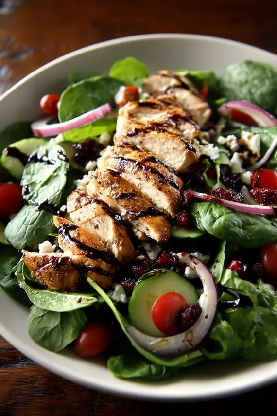 Homemade balsamic vinaigrette being drizzled over a fresh salad with grilled chicken