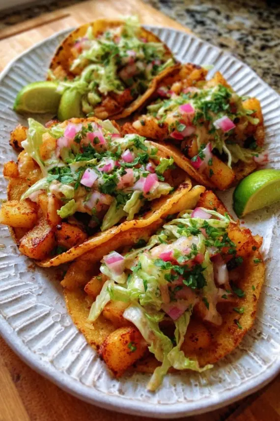 Freshly prepared potato bean street tacos with toppings