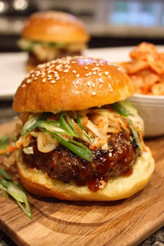 Grilled Korean BBQ beef burger patty with toppings