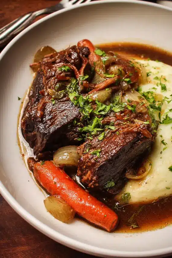 Serving of braised beef chuck on a plate with vegetables and herb jus