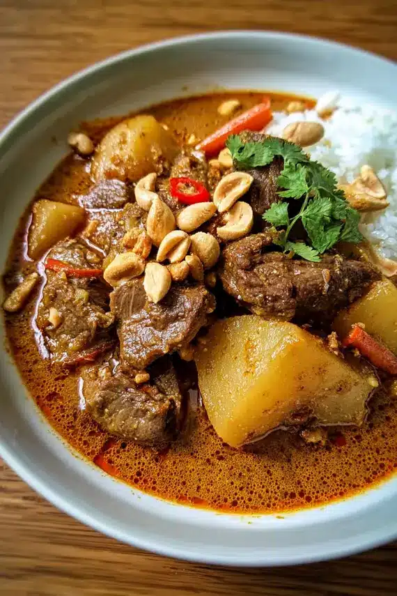 Slow Baked Massaman Beef Curry served with jasmine rice and fresh herbs