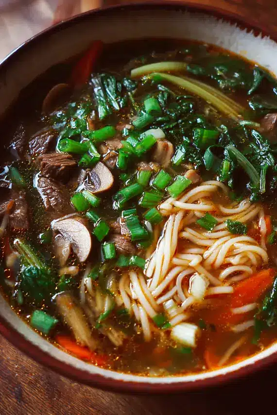 Close-up of beef ginger broth with aromatic ingredients