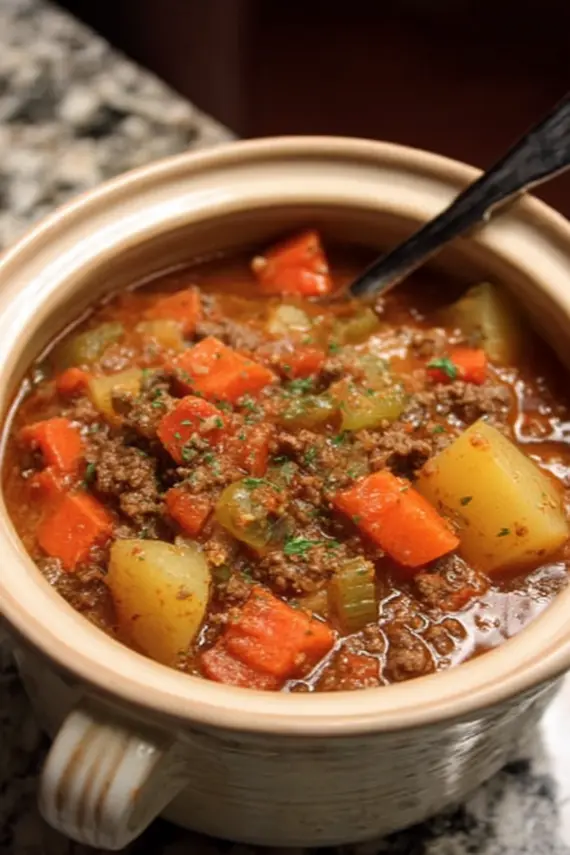 Homemade ground beef stew in a large pot showing tender vegetables and savory broth