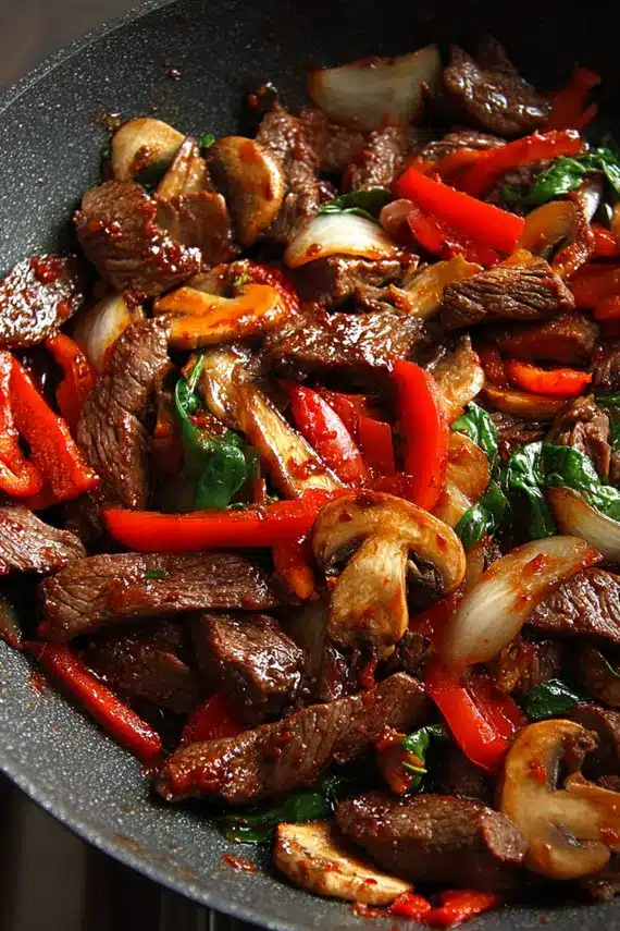 Spicy Beef Mushroom Stir Fry cooking in a wok with steam rising