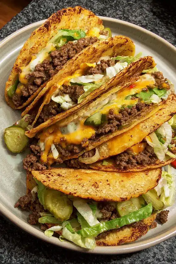 Delicious beef taco recipe with smashed burger filling and fresh toppings
