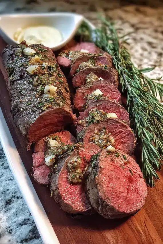 Herb roasted beef tenderloin with rosemary and thyme seasoning crust being sliced
