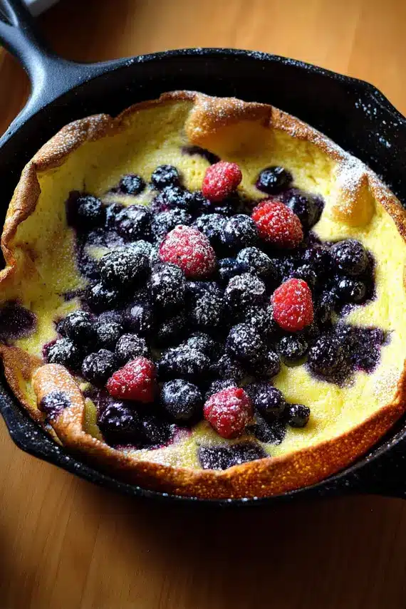 Beautifully served lemon berry Dutch baby with fresh berries and powdered sugar