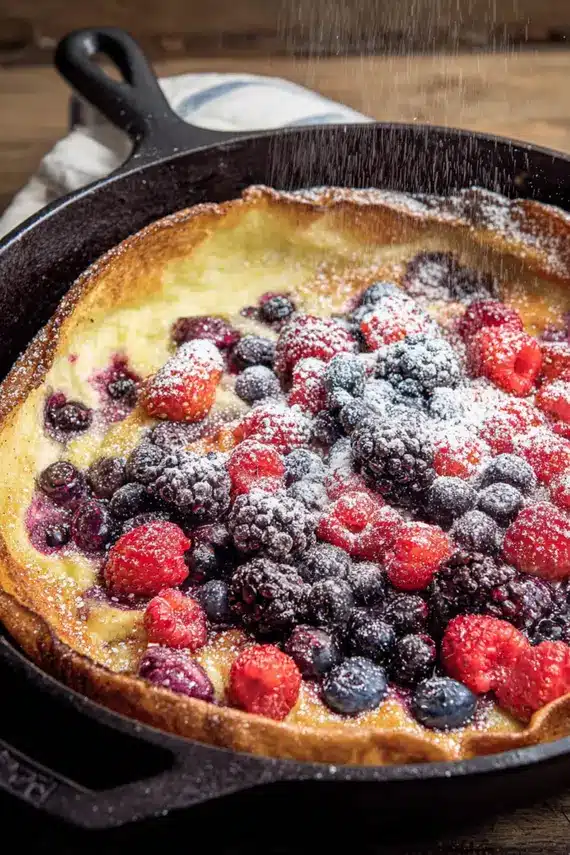 Mixed Berry Dutch Baby pancake served on plate with fresh berries and powdered sugar