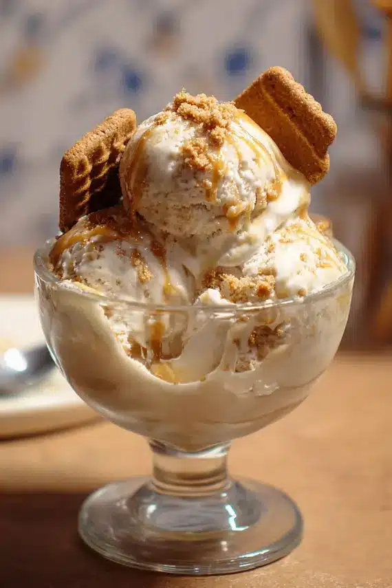 Creamy biscoff cookie butter homemade ice cream in a bowl
