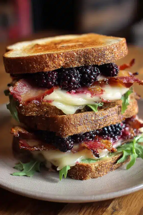 Blackberry Brie Bacon Sandwich sliced diagonally showing melted brie and fresh blackberries
