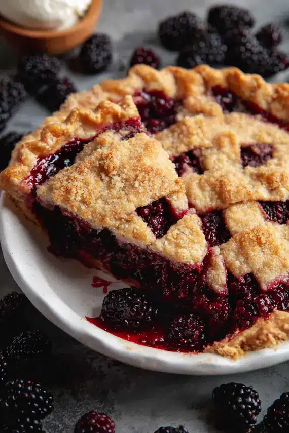 Blackberry marionberry pie with golden crust and bubbling berry filling