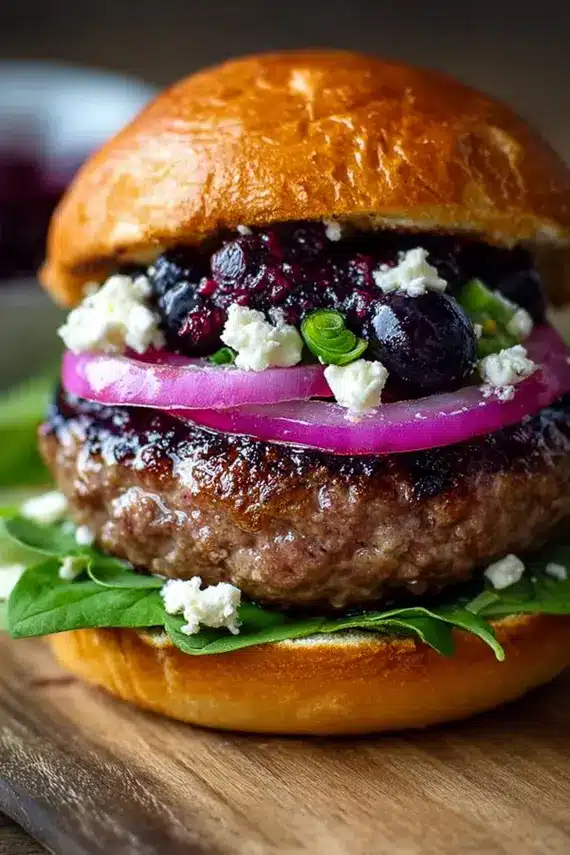 Freshly grilled blueberry feta burgers with visible blueberries and melted cheese